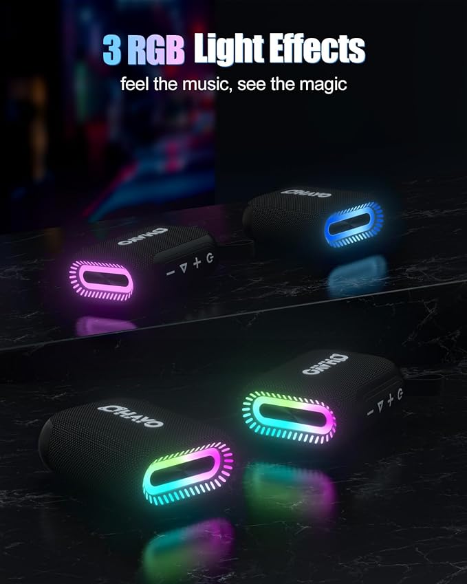 OHAYO Bluetooth Shower Speaker, IPX7 Waterproof, Portable Mini Speaker with Clip, Wireless, 24H Playtime, RGB Light, Powerful Sound and Punchy Bass, Electronics Gifts for Outdoors/Home/Office/Travel