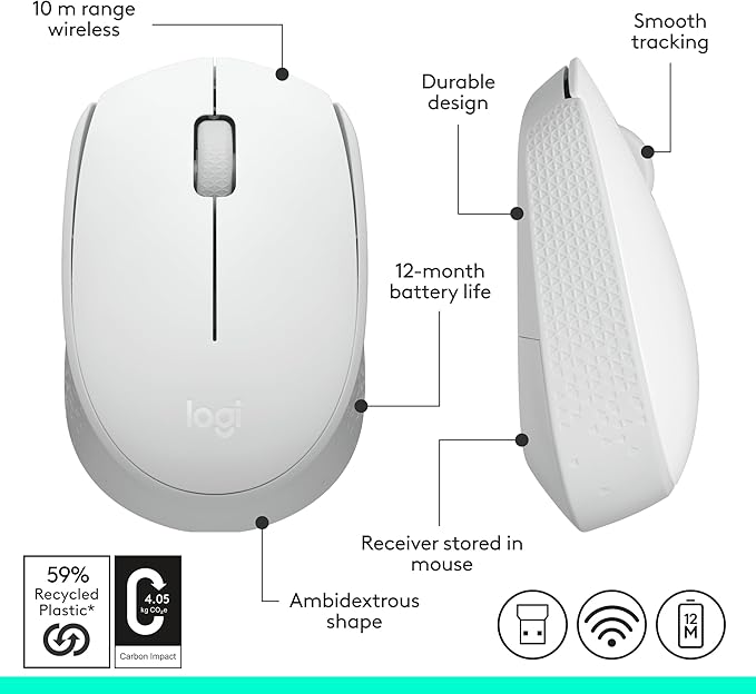 Logitech M170 Wireless Mouse for PC, Mac, Laptop, 2.4 GHz with USB Mini Receiver, Optical Tracking, 12-Months Battery Life, Ambidextrous - Off White