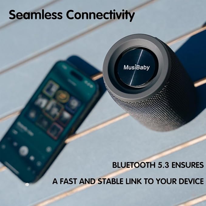 MusiBaby M68 Portable Bluetooth Speaker – Wireless Waterproof Sound for Home and Outdoor Use – Deep Bass, Dual Pairing, 24H Playtime, Compact Design (Black)
