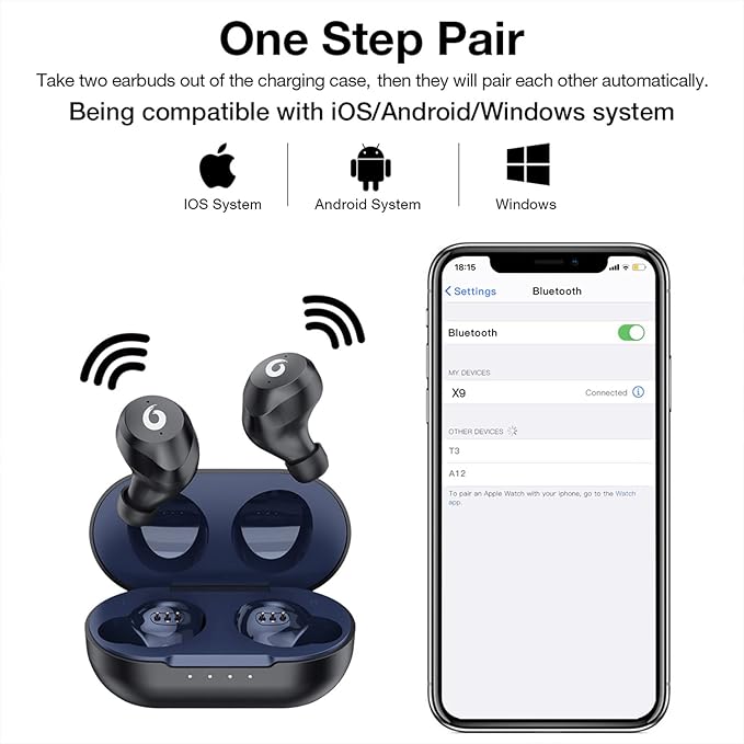 X9 Wireless Earbuds Bluetooth 5.3 Headphones Waterproof Stereo Earphones in Ear Touch Control with Microphone Headset with Deep Bass for Sport, Gaming and Running(Blue)