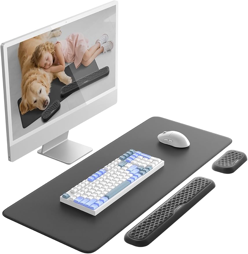 Vaydeer Wrist Rest for Keyboard and Mouse with Desk Mat, 3-in-1 Computer Ergonomic Wrist Support Set, Memory Foam Extended Desk Pad for Typing and Gaming, Arm Palm Hand Laptop Cushion Office Home