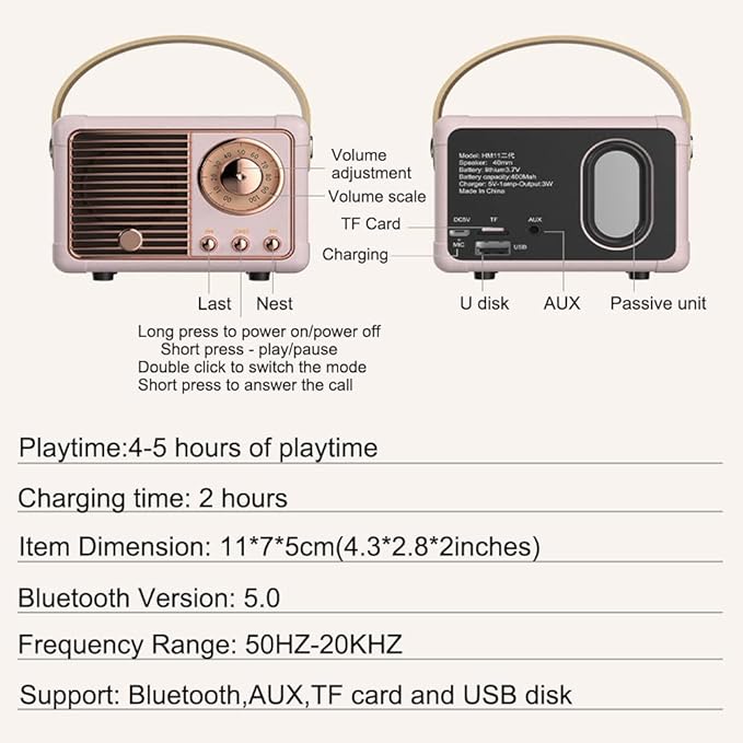 Retro Bluetooth Speaker, Portable Wireless Speaker with Crystal Clear Stereo Sound and Rich Bass,Retro Decor for Desk Bedroom Kitchen, Birthday Gifts for Women Men Teens (Black)