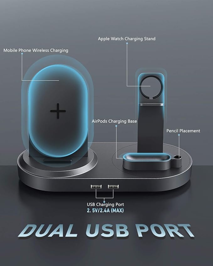 4 in 1 Wireless Charging Station, Fast Charging Dock Stand with 2 USB Ports for Apple Watch, AirPods, Cell Phones, Wireless Charger Compatible with iPhone 12/13/14/15/16 (Gary)