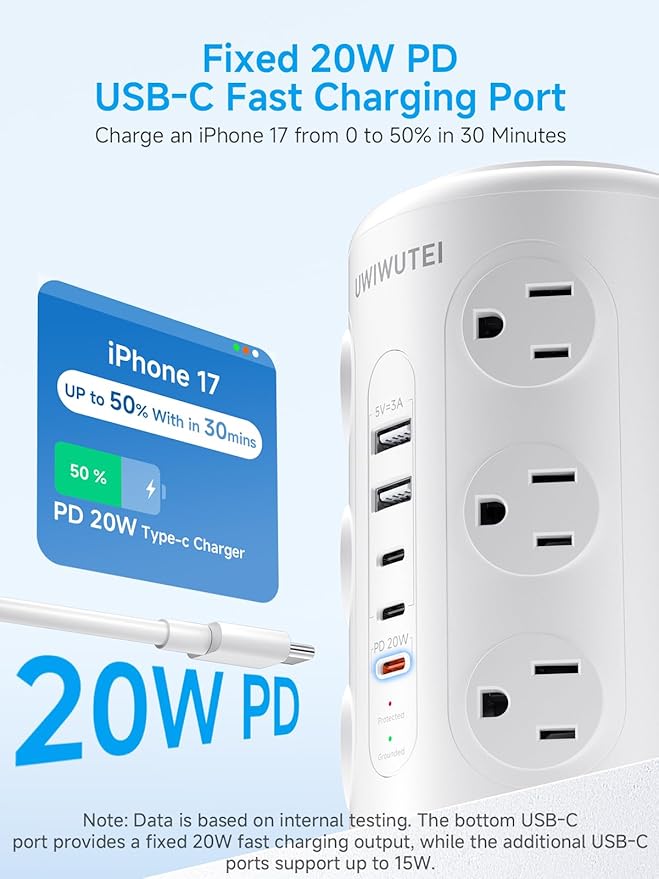 Tower Power Strip with 1 Dedicated PD 20W Fast-Charging Port, 12 Outlets, 5 USB Ports (3 USB-C), 1800J Protector, Desk Charging Station for Multiple Devices,15FT Extension Cord, Home Office Essentials