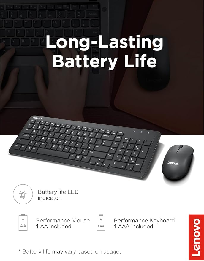 Lenovo 300 Wireless Combo Keyboard and Mouse, 2.4 GHz Nano USB-A Receiver, Batteries Included