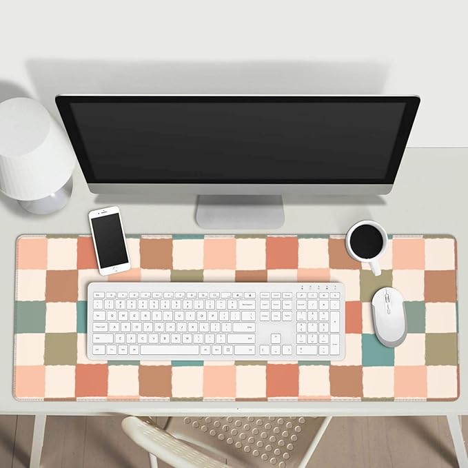 Boho Checkered Brown Gaming Mouse Pad Desk Mat for Home and Office, Large Mousepad Extended Keyboard Pad Stitched Edge Accessories Decor
