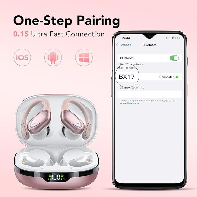 Ear buds Wireless Earbuds Bluetooth 5.3 Headphones 60hrs Playtime with Digital Display Sports Wireless Headphones with Earhook Deep Bass IPX7 Waterproof Over-Ear Earbuds for Android iOS Workout Rose