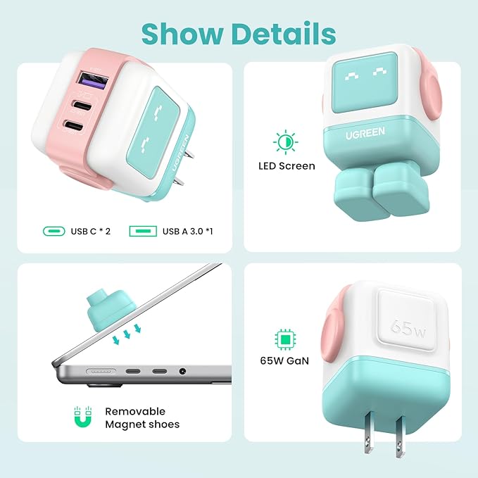 UGREEN Uno 65W USB C Charger Block, 3-Port GaN Charger Fast Charging for iPhone 17, Gifts for Women, for MacBook Pro/Air/Neo, XPS, Galaxy S26/S25, Pixel, Steam Deck, ROG Ally, Pink Blue