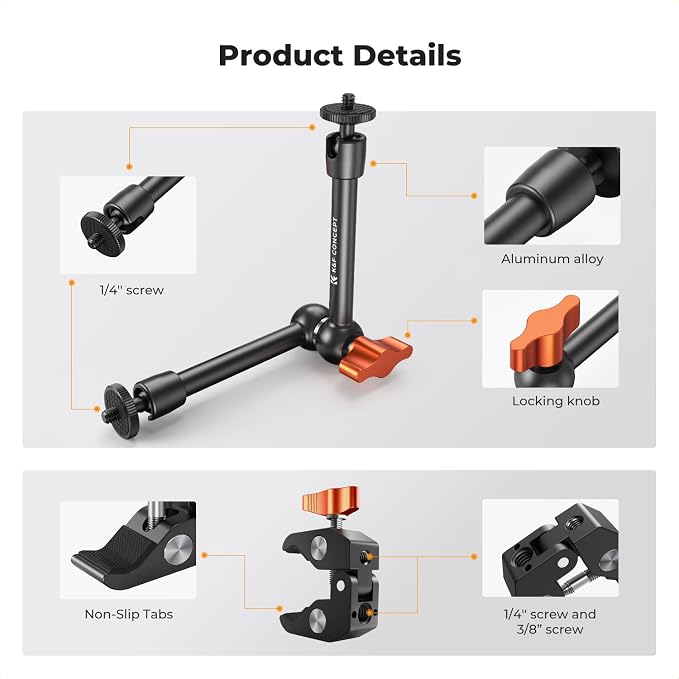K&F CONCEPT 9.8" Magic Arm Clamp Kit with 1/4" & 3/8" Thread Screw 360° Ball Heads Articulating Magic Arm with Tripod Mount Adapter for Gopro/LED Lights/Monitor/Flash/Microphone/DSLR Camera - Image 2