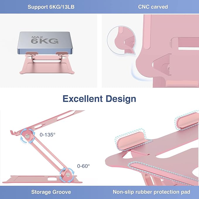Adjustable Laptop Riser, Multi-Angle Stand with Heat-Vent for Mac, Notebook, Lenovo KT1-Rose