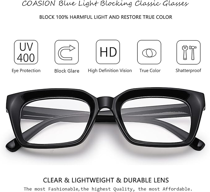 COASION Blue Light Blocking Eyeglasses Classic Thick Square Rim Frame Eyewear for Women Men