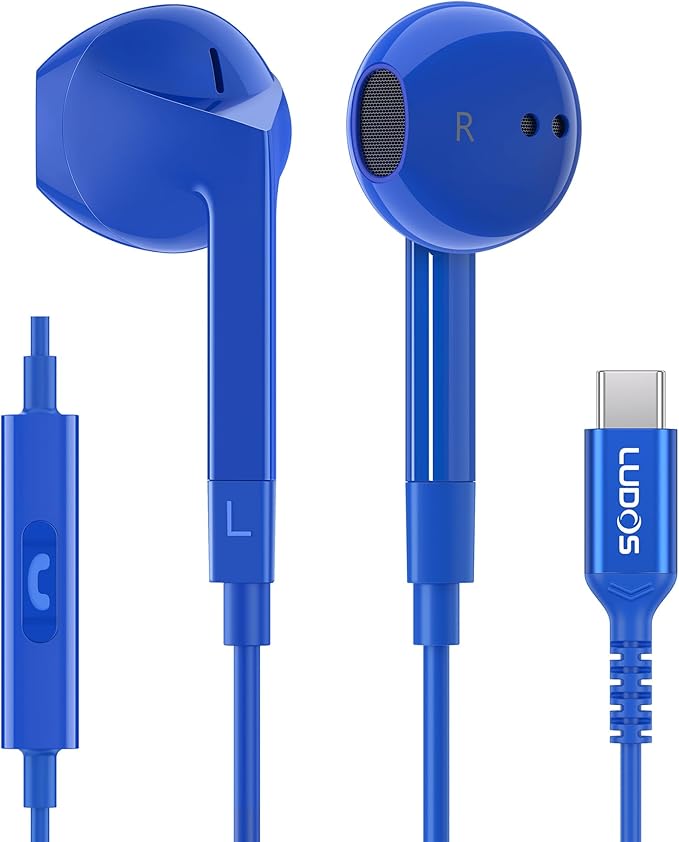 LUDOS FEROX USB C Headphones for iPhone 17 16 15 Pro Max Plus Air iPad Pro, 5 Years Warranty, USB-C Earbuds for Samsung Galaxy S24 S23 Ultra S22 S21 FE S20 Z Flip 3 Fold 4 A53, USB Type C Earphones