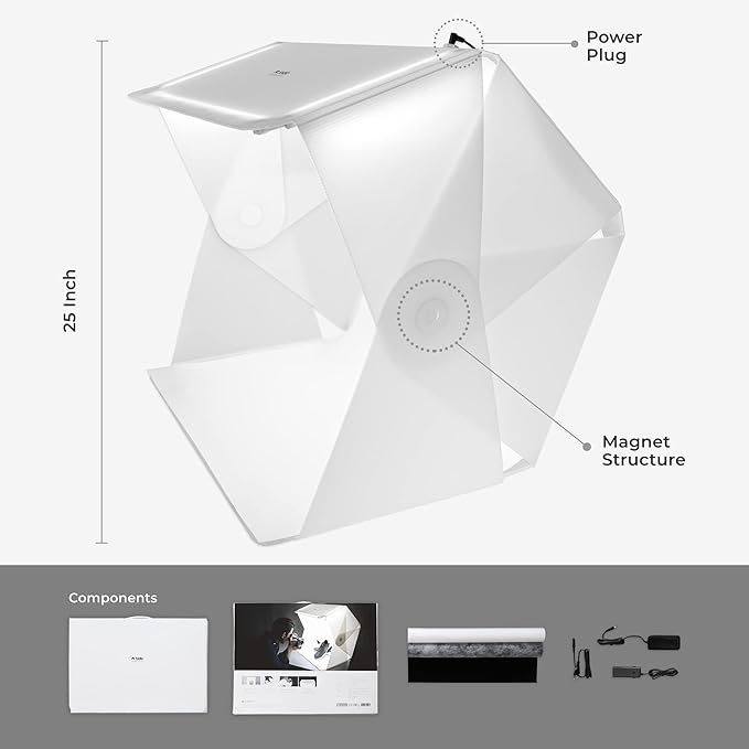 Foldio3-25Inch Product Photography Light Box, 65W High Powered Dimmable LED Light, CRI 98+, Foldable, White PP & Black Flocking Background Included, All-in-One Photo Studio Lightbox by ORANGEMONKIE