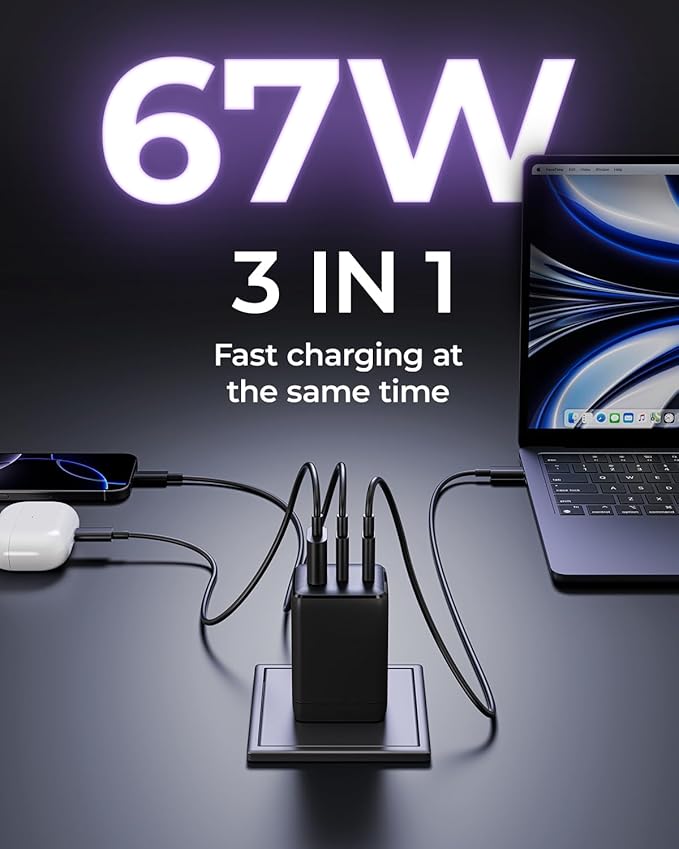 67W USB C Charger, 3-Port GaN Fast Charging Block with Foldable Plug, Compatible with MacBook Pro/Air, iPad Pro, iPhone 16/15/Pro, Galaxy S25/S24, Note20, Pixel, Apple Watch, (Black)