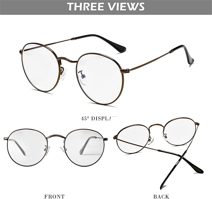 HJSTES Round Blue Light Glasses for Women Men Retro Circle Clear Lens Metal Frame Eyeglasses