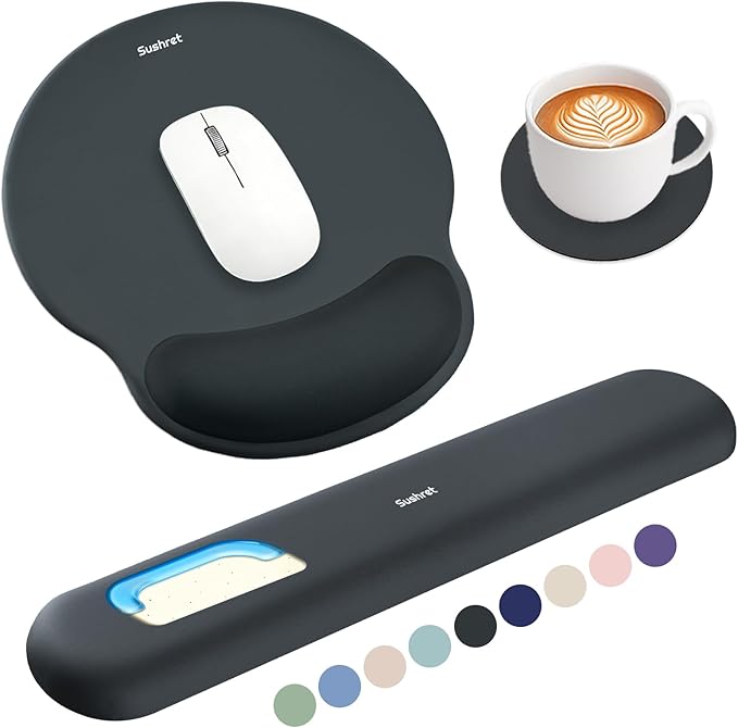 Sushret Mouse Pad and Keyboard Wrist Rest, 3-in-1 Gel Memory Foam Ergonomic Mouse Pad with Wrist Rest Set, Gaming Mousepad Arm Cushion Support for Computer Office Desk Accessories Cute Setup, Charcoal