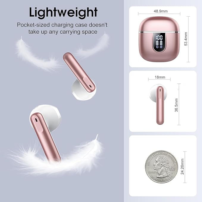 Wireless Earbuds, Bluetooth 5.4 Headphones with 3D Bass Stereo, 40H In-Ear Buds with 4 ENC Noise Cancelling Mic, Ultralight Bluetooth Earbuds USB-C LED, IP7 Waterproof Earphones for Android iOS, Rose