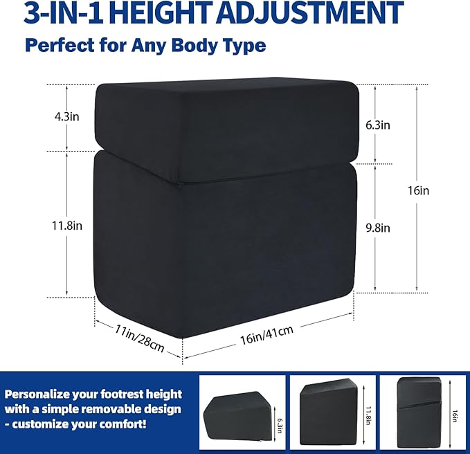 Adjustable Foot Rest for Under Desk At Work - 3-in-1 Ergonomic Foot Stool with Zipper Connection, 6.3"/11.8"/16" Height Adjustable for Office, Home & Gaming (Black)
