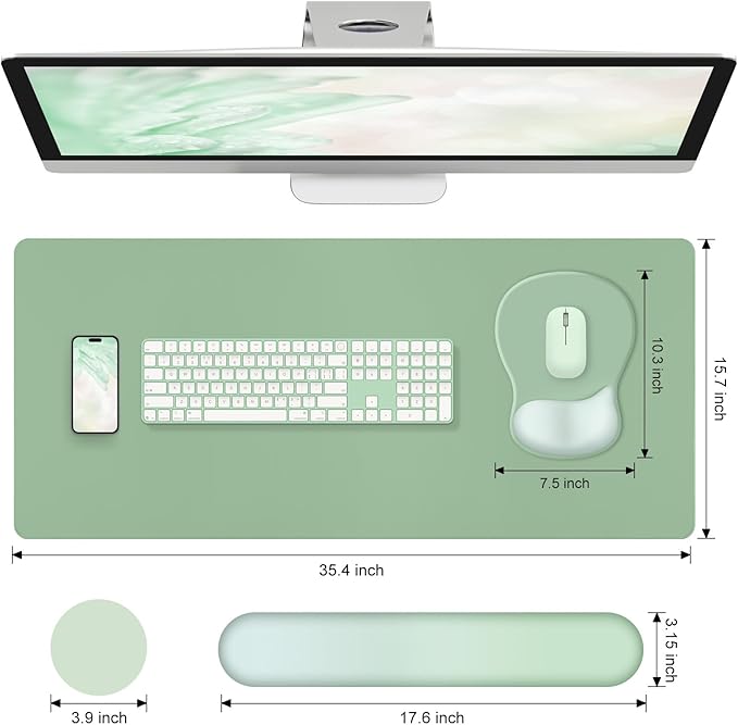 4-in-1 Large Gaming Mouse Pad, Keyboard Wrist Rest Pad & Wrist Support Mousepad Set, Extended Desk Pad Waterproof Desk Mat Protector for Home Office Decor Study Game 35.4×15.7 Inches I Sage Green