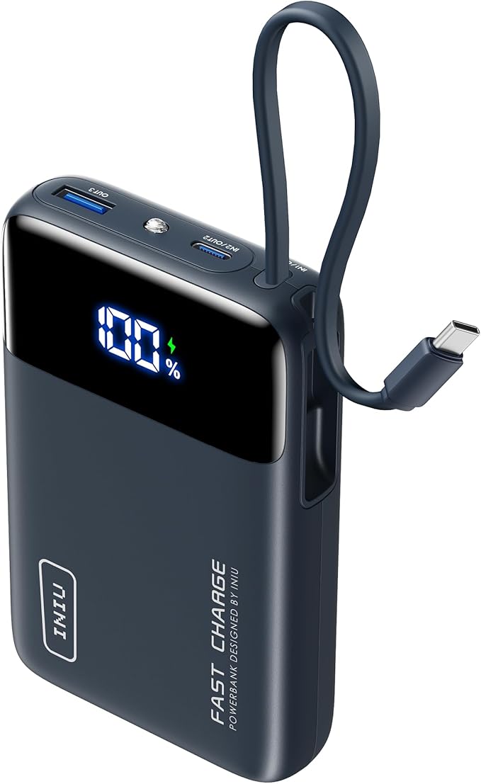 INIU Portable Charger, Small 20000mAh Power Bank with Build in USB-C Cable, 45W Fast Charging Mini Battery Pack, Flight Travel Essentials Phone Charger for College Student Travelers Boys Girls, Blue