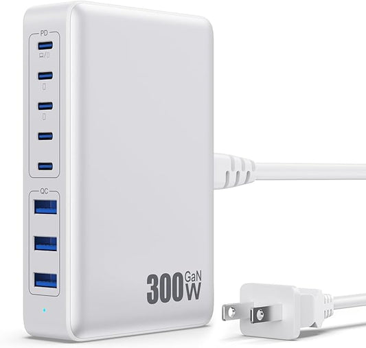USB C Charger 300W USB C Charger Block, 8-Ports GaN IV Fast Charging Station Hub,PD 100W Laptop Charger Adapter,for MacBook Pro/Air/iPad/iPhone16/15/14/Apple Watch/DELL/Samsung for Home Office