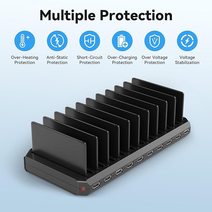 Charging Station for Multiple Devices, Multiple USB Charger Station with 10 Fast Charging Ports, Charging Station for iPhone Apple Watch Samsung Cellphone