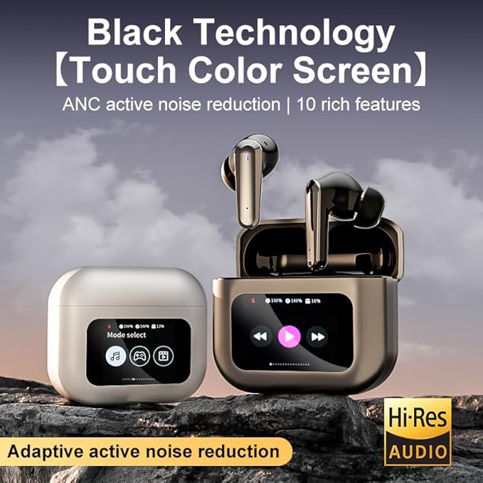 Q30 Bluetooth earphones, equipped with an intelligent color touch screen, supporting ANC and ENC active noise reduction functions, wireless audio earbuds for better sound quality and comfort (silver)