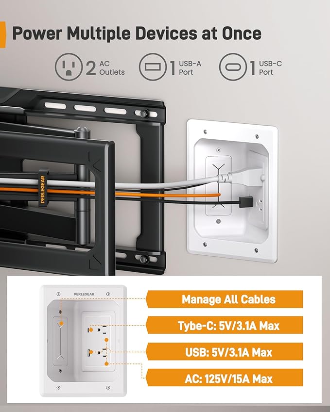 Perlegear TV in-Wall Cable Management Kit, USB and Typ C Ports Cord Hider for Wall Mount TV with Recessed Power, Includes Drill Templates, Dust Bags, Drywall Saw, Extension Cable - Image 6