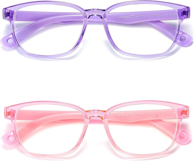 Kids Blue Light Blocking Glasses 2 Pack, Anti Eyestrain & UV Protection, Computer Gaming TV Phone Glasses for Boys Girls Age 3-9 (Transparent Purple+ Transparent Pink)
