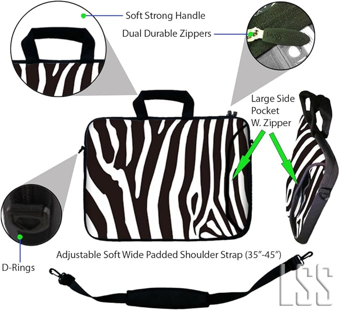 LSS Compatible with Acer, Asus, Dell, HP, Sony, MacBook and more - Zebra Print 17 inch Laptop Sleeve Bag with Extra Side Pocket, Adjustable Handle | Carrying Case with Soft Wide Padded Strap