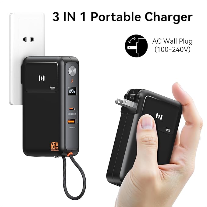 Selore&S-Global Portable Charger with Wall Plug & Power Bank with Dual Built-in Cable, 65W Fast Charging, for iPhone Laptop Samsung