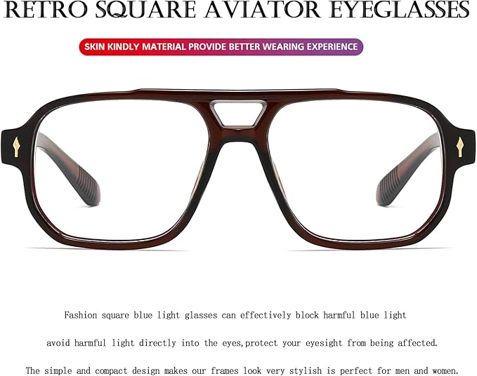 PORADAY Blue Light Blocking Glasses for Women Men 70s Retro Square Aviator Eyeglasses Rectangle Computer Eyewear
