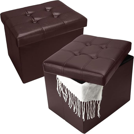 Bsketa 2PC Storage Ottoman, Folding Foot Stool with Thicker Foam Padded Seat Small Leather Storage Ottoman Bench Foot Rest for Living Room Foldable Coffee Table 17x13x13in,Brown