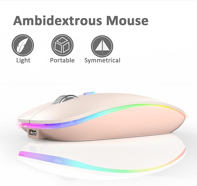 Uiosmuph LED Wireless Mouse, G12 Slim Rechargeable Silent Mouse, 2.4G Portable USB Optical Wireless Computer Mice with USB Receiver and Type C Adapter (Nude Pink)