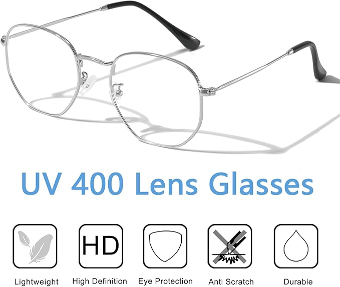 Hexagonal Metal Blue Light Blocking Glasses Anti Eye Strain for Digital Screens Lightweight Frame for Men Women