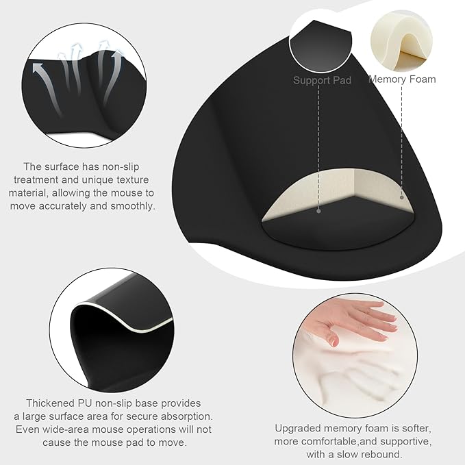 MOSISO Wrist Rest Support for Mouse Pad & Keyboard Set, Ergonomic Mousepad Non-Slip Base Home/Office Pain Relief & Easy Typing Cushion with Neoprene Cloth & Raised Memory Foam, Black