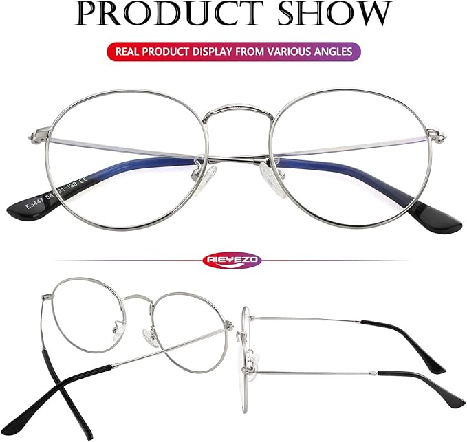 AIEYEZO Blue Light Glasses for Women Men Fashion Retro Circle Wire Frames Eyeglasses Anti-Blue Light Computer Gaming Glasses