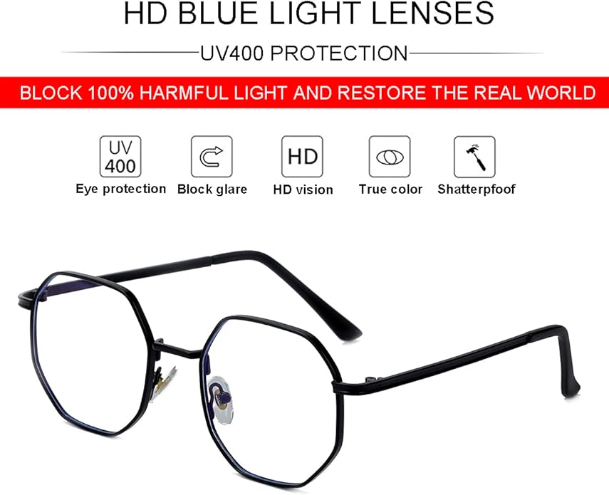 JOVAKIT Polygon Blue Light Blocking Glasses for Women Men Vintage Octagon Square Non-prescription Metal Eyeglasses