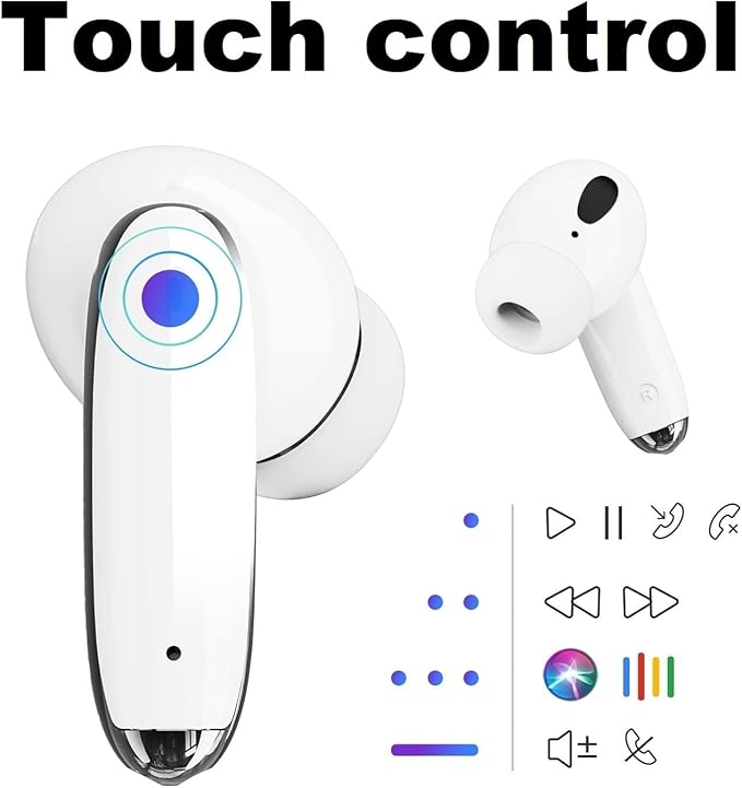 OMK Wireless Earbuds Waterproof Headset Noise Cancelling Earphones Long Battery Bluetooth Headphones with Wireless Charging Case for iPhone Android (White)