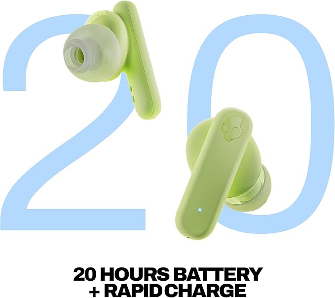 Skullcandy Smokin’ Buds Wireless Earbuds, Bluetooth Headphones, Noise Isolating Fit, Up to 20 Hours Battery, IPX4 Sweat and Water Resistant, Microphone for iPhone Android - Matcha