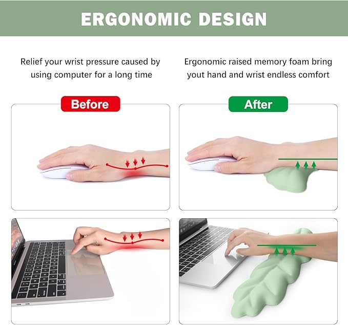 Keyboard Wrist Rest Pad Set, Leaf Shape PU Leather Memory Foam Wrist Cushion Support,Mouse Wrist Rest Pad,Non-Slip Wrist Support for Easy Typing Pain Relief, Green Leaf