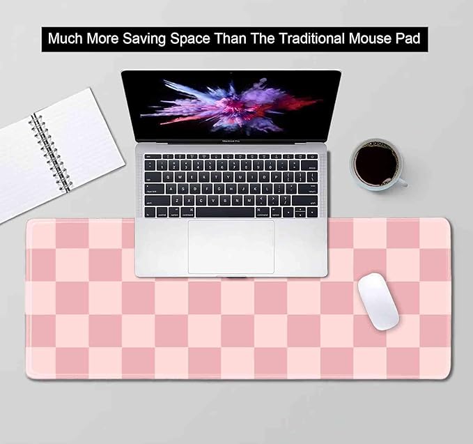 Pastel Pink Desk mat, Checkered Pattern Extra Large Mouse Pad, Desk Protector Pad, Writing Mat for Work Home Decor, Non-Slip Rubber Gaming Mouse Pads for Computer Laptop, 31.5 X 11.8 in
