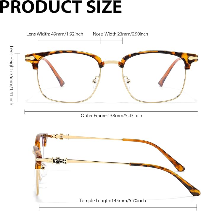 IGnaef Unisex Retro Blue Light Blocking Glasses Trendy Semi-Rimless Anti Eyestrain & UV Glare for Gaming & Reading