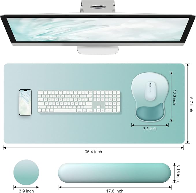 4-in-1 Large Gaming Mouse Pad, Keyboard Wrist Rest Pad & Wrist Support Mousepad Set, Extended Desk Pad Waterproof Desk Mat Protector for Home Office Decor Study Game 35.4×15.7 Inches I Mint Green