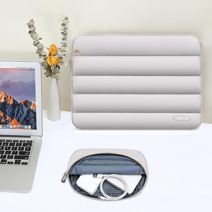 MOSISO Laptop Case 13.3 inch,13-13.3 inch Puffy Laptop Sleeve Compatible with MacBook Air 13.6 M5 M4 M3 M2 M1/Neo/Pro 13/14,HP Dell ASUS Lenovo,Polyester Horizontal Bag with Small Case, Gray