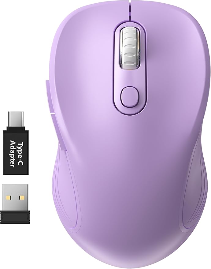 WisFox 2.4G Wireless Mouse for Laptop, Ergonomic Computer Mouse with USB Receiver and Type-C Adapter, 3 Adjustable Levels DPI, 6 Button Cordless Wireless Mice (Lilac, 1 Pack)