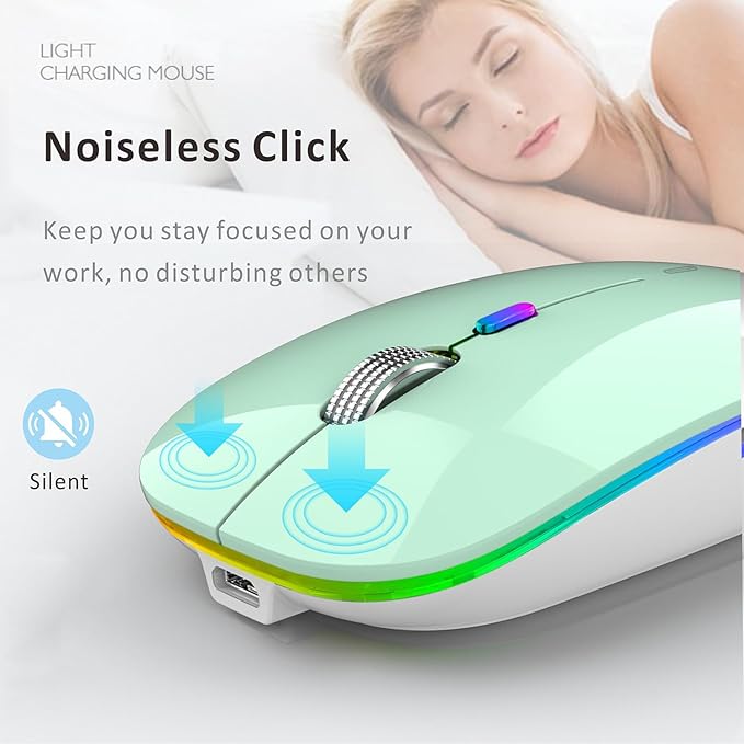 Uiosmuph LED Wireless Mouse, G12 Slim Rechargeable Silent Mouse, 2.4G Portable USB Optical Wireless Computer Mice with USB Receiver and Type C Adapter (Mint Green)