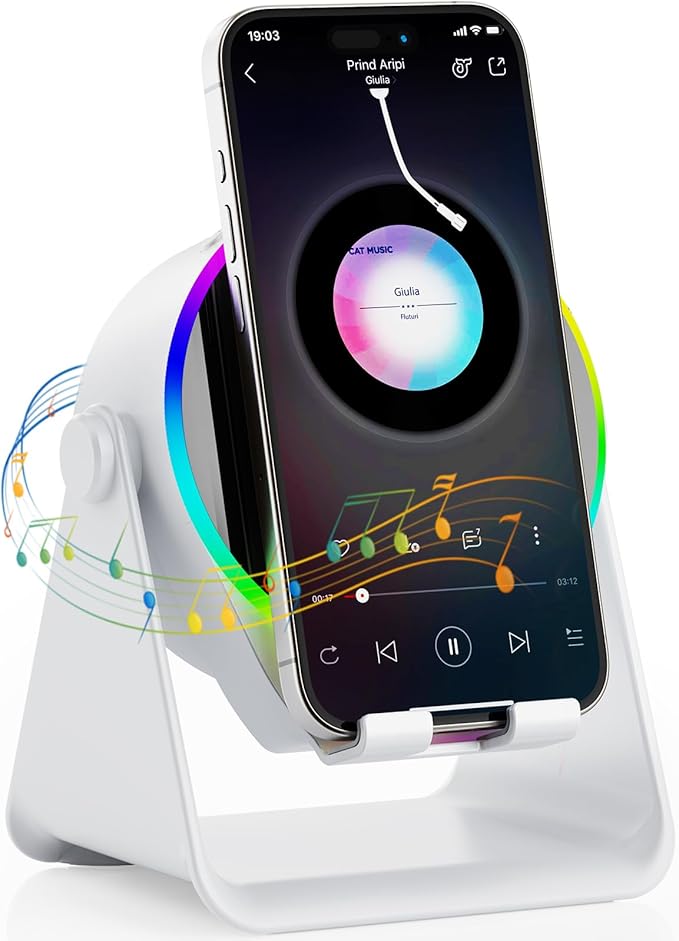 TARKARI Wireless Induction Speaker, 5 in 1 Bluetooth Speaker, 360° Rotation Cell Phone Stand with Ambient Light Compatible with iPhone iPad Android Tablet, Birthday Gifts for Women Men Him