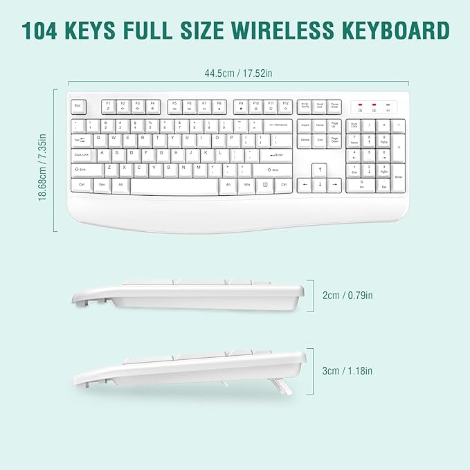 EDJO Wireless Keyboard, 2.4G Ergonomic Full Size Wireless Computer Keyboard with Wrist Rest for Windows, Mac OS Desktop/Laptop/PC White