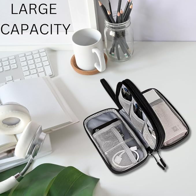 PrimeEssence Travel Cable Organizer Pouch Electronic Accessories Carry Case Portable Waterproof Double Layers Storage Bag for Cord, Charger, Phone, Earphone Black